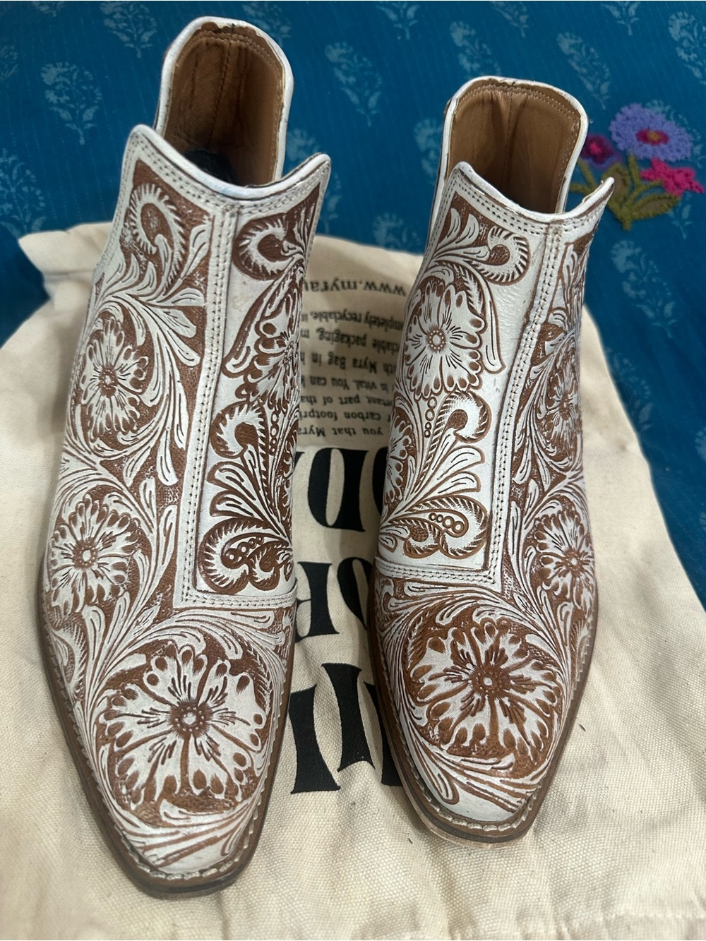 Myra Bag Brown and White Floral Embossed Ankle Booties